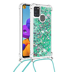 Silicone Candy Rubber TPU Bling-Bling Soft Case Cover with Lanyard Strap S03 for Samsung Galaxy A21s Green