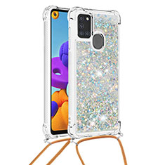 Silicone Candy Rubber TPU Bling-Bling Soft Case Cover with Lanyard Strap S03 for Samsung Galaxy A21s Silver