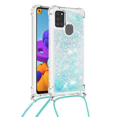 Silicone Candy Rubber TPU Bling-Bling Soft Case Cover with Lanyard Strap S03 for Samsung Galaxy A21s Sky Blue