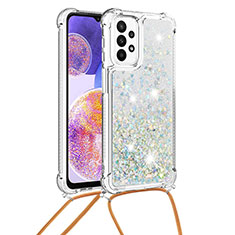 Silicone Candy Rubber TPU Bling-Bling Soft Case Cover with Lanyard Strap S03 for Samsung Galaxy A23 5G Silver