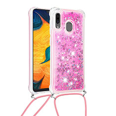Silicone Candy Rubber TPU Bling-Bling Soft Case Cover with Lanyard Strap S03 for Samsung Galaxy A30 Hot Pink