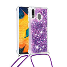 Silicone Candy Rubber TPU Bling-Bling Soft Case Cover with Lanyard Strap S03 for Samsung Galaxy A30 Purple