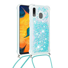 Silicone Candy Rubber TPU Bling-Bling Soft Case Cover with Lanyard Strap S03 for Samsung Galaxy A30 Sky Blue