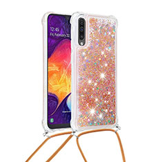 Silicone Candy Rubber TPU Bling-Bling Soft Case Cover with Lanyard Strap S03 for Samsung Galaxy A30S Gold