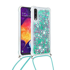 Silicone Candy Rubber TPU Bling-Bling Soft Case Cover with Lanyard Strap S03 for Samsung Galaxy A30S Green