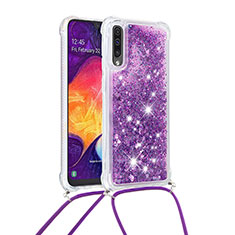 Silicone Candy Rubber TPU Bling-Bling Soft Case Cover with Lanyard Strap S03 for Samsung Galaxy A30S Purple