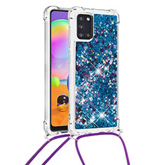 Silicone Candy Rubber TPU Bling-Bling Soft Case Cover with Lanyard Strap S03 for Samsung Galaxy A31 Blue
