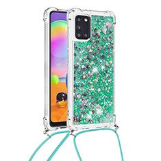 Silicone Candy Rubber TPU Bling-Bling Soft Case Cover with Lanyard Strap S03 for Samsung Galaxy A31 Green