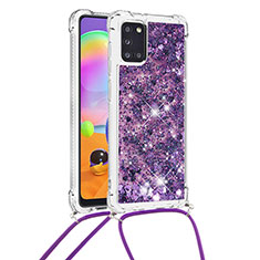 Silicone Candy Rubber TPU Bling-Bling Soft Case Cover with Lanyard Strap S03 for Samsung Galaxy A31 Purple