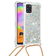 Silicone Candy Rubber TPU Bling-Bling Soft Case Cover with Lanyard Strap S03 for Samsung Galaxy A31 Silver
