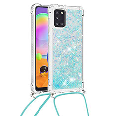 Silicone Candy Rubber TPU Bling-Bling Soft Case Cover with Lanyard Strap S03 for Samsung Galaxy A31 Sky Blue