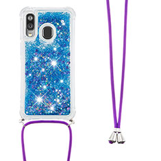 Silicone Candy Rubber TPU Bling-Bling Soft Case Cover with Lanyard Strap S03 for Samsung Galaxy A40 Blue