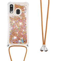 Silicone Candy Rubber TPU Bling-Bling Soft Case Cover with Lanyard Strap S03 for Samsung Galaxy A40 Gold