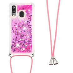 Silicone Candy Rubber TPU Bling-Bling Soft Case Cover with Lanyard Strap S03 for Samsung Galaxy A40 Hot Pink