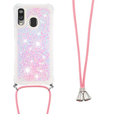 Silicone Candy Rubber TPU Bling-Bling Soft Case Cover with Lanyard Strap S03 for Samsung Galaxy A40 Pink