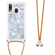 Silicone Candy Rubber TPU Bling-Bling Soft Case Cover with Lanyard Strap S03 for Samsung Galaxy A40 Silver