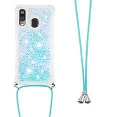 Silicone Candy Rubber TPU Bling-Bling Soft Case Cover with Lanyard Strap S03 for Samsung Galaxy A40 Sky Blue