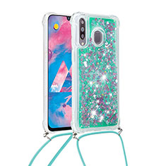 Silicone Candy Rubber TPU Bling-Bling Soft Case Cover with Lanyard Strap S03 for Samsung Galaxy A40s Green