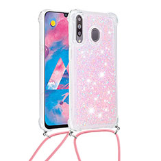 Silicone Candy Rubber TPU Bling-Bling Soft Case Cover with Lanyard Strap S03 for Samsung Galaxy A40s Pink