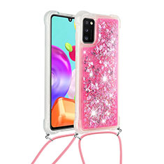 Silicone Candy Rubber TPU Bling-Bling Soft Case Cover with Lanyard Strap S03 for Samsung Galaxy A41 Hot Pink
