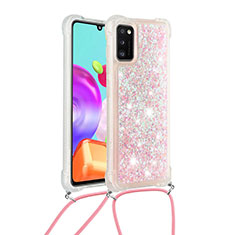 Silicone Candy Rubber TPU Bling-Bling Soft Case Cover with Lanyard Strap S03 for Samsung Galaxy A41 Pink