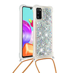Silicone Candy Rubber TPU Bling-Bling Soft Case Cover with Lanyard Strap S03 for Samsung Galaxy A41 Silver