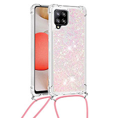 Silicone Candy Rubber TPU Bling-Bling Soft Case Cover with Lanyard Strap S03 for Samsung Galaxy A42 5G Pink