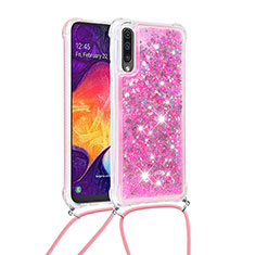 Silicone Candy Rubber TPU Bling-Bling Soft Case Cover with Lanyard Strap S03 for Samsung Galaxy A50 Hot Pink