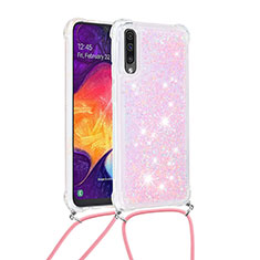 Silicone Candy Rubber TPU Bling-Bling Soft Case Cover with Lanyard Strap S03 for Samsung Galaxy A50 Pink