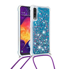 Silicone Candy Rubber TPU Bling-Bling Soft Case Cover with Lanyard Strap S03 for Samsung Galaxy A50S Blue