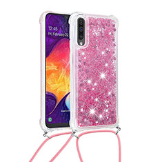 Silicone Candy Rubber TPU Bling-Bling Soft Case Cover with Lanyard Strap S03 for Samsung Galaxy A50S Red