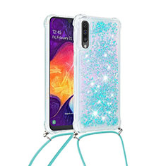 Silicone Candy Rubber TPU Bling-Bling Soft Case Cover with Lanyard Strap S03 for Samsung Galaxy A50S Sky Blue