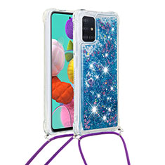 Silicone Candy Rubber TPU Bling-Bling Soft Case Cover with Lanyard Strap S03 for Samsung Galaxy A51 4G Blue
