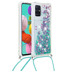 Silicone Candy Rubber TPU Bling-Bling Soft Case Cover with Lanyard Strap S03 for Samsung Galaxy A51 4G Green