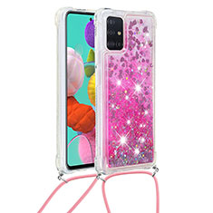Silicone Candy Rubber TPU Bling-Bling Soft Case Cover with Lanyard Strap S03 for Samsung Galaxy A51 5G Hot Pink