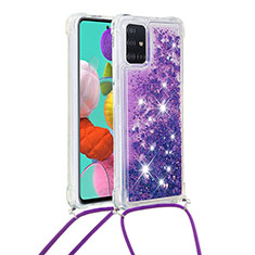 Silicone Candy Rubber TPU Bling-Bling Soft Case Cover with Lanyard Strap S03 for Samsung Galaxy A51 5G Purple