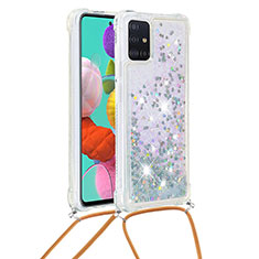 Silicone Candy Rubber TPU Bling-Bling Soft Case Cover with Lanyard Strap S03 for Samsung Galaxy A51 5G Silver