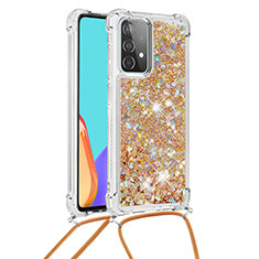 Silicone Candy Rubber TPU Bling-Bling Soft Case Cover with Lanyard Strap S03 for Samsung Galaxy A52 4G Gold