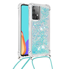 Silicone Candy Rubber TPU Bling-Bling Soft Case Cover with Lanyard Strap S03 for Samsung Galaxy A52 5G Sky Blue
