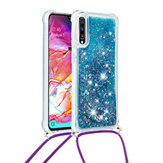 Silicone Candy Rubber TPU Bling-Bling Soft Case Cover with Lanyard Strap S03 for Samsung Galaxy A70 Blue