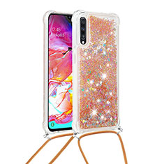 Silicone Candy Rubber TPU Bling-Bling Soft Case Cover with Lanyard Strap S03 for Samsung Galaxy A70 Gold