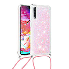 Silicone Candy Rubber TPU Bling-Bling Soft Case Cover with Lanyard Strap S03 for Samsung Galaxy A70 Pink