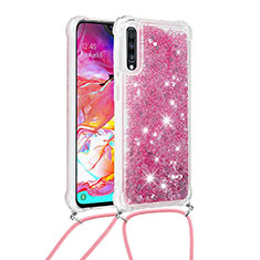 Silicone Candy Rubber TPU Bling-Bling Soft Case Cover with Lanyard Strap S03 for Samsung Galaxy A70 Red