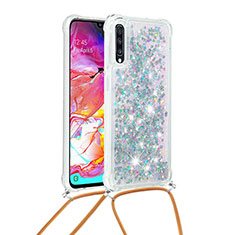 Silicone Candy Rubber TPU Bling-Bling Soft Case Cover with Lanyard Strap S03 for Samsung Galaxy A70 Silver