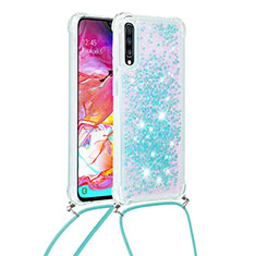 Silicone Candy Rubber TPU Bling-Bling Soft Case Cover with Lanyard Strap S03 for Samsung Galaxy A70 Sky Blue