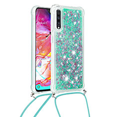 Silicone Candy Rubber TPU Bling-Bling Soft Case Cover with Lanyard Strap S03 for Samsung Galaxy A70S Green