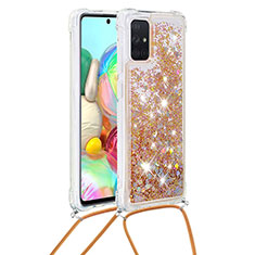 Silicone Candy Rubber TPU Bling-Bling Soft Case Cover with Lanyard Strap S03 for Samsung Galaxy A71 4G A715 Gold