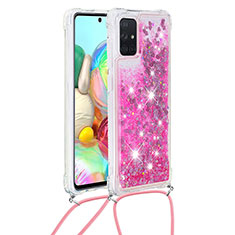 Silicone Candy Rubber TPU Bling-Bling Soft Case Cover with Lanyard Strap S03 for Samsung Galaxy A71 4G A715 Hot Pink