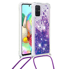 Silicone Candy Rubber TPU Bling-Bling Soft Case Cover with Lanyard Strap S03 for Samsung Galaxy A71 4G A715 Purple