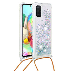 Silicone Candy Rubber TPU Bling-Bling Soft Case Cover with Lanyard Strap S03 for Samsung Galaxy A71 4G A715 Silver